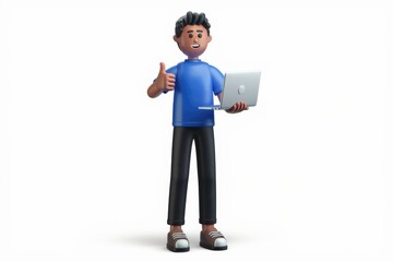 Aufkleber - A happy 3D cartoon boy gives a thumbs up while holding a laptop.