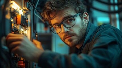 Aufkleber - Young Engineer in Glasses Analyzing Circuitry in High-Tech Workshop : Generative AI