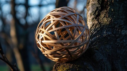 Poster - A unique bird nest intricately woven into a modern design, standing out in a tree