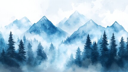 Wall Mural - A hand-drawn watercolor depicting a misty forest landscape with mountains, hills, and fog on the horizon, featuring pine and fir trees, designed as an autumn background for wallpaper