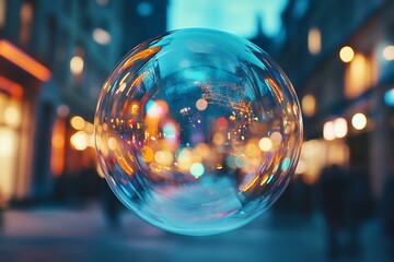 Poster - Bubble Art with Dazzling City Lights on a Bustling Urban Street Scene : Generative AI