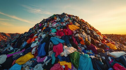 a massive mountain of discarded clothing in vibrant colors spills across a landfill at sunset, with 