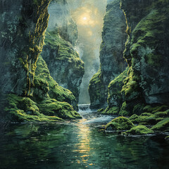 Canvas Print - river with a sun shining on it. the sun is shining on the water and the rocks