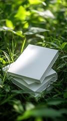Poster - Minimalist books arranged in sunlit field highlighting nature's touch and tranquil ambiance : Generative AI