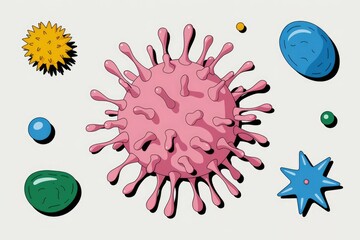 Poster - An illustration showcasing various types of viruses and microorganisms, including a prominent coronavirus.