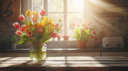 Wall Mural - Vibrant Tulips Bouquet in Glass Vase on Reclaimed Wood Table