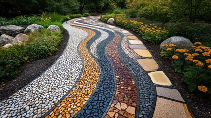 Poster - A vividly colorful mosaic tile path in a garden surrounded by plain stone paths