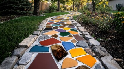 Poster - A vividly colorful mosaic tile path in a garden surrounded by plain stone paths