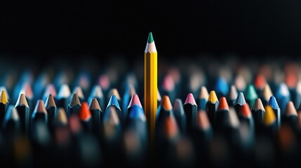 Aufkleber - A vividly colorful pencil standing upright among horizontally placed plain pencils