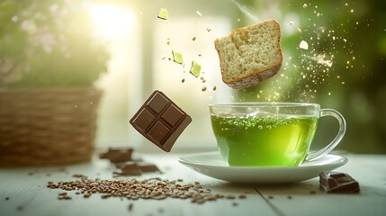 Poster - Artistic Green Tea with Chocolate and Bread Composition in Refreshing Atmosphere : Generative AI