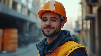 Poster - Smiling Construction Worker With Hard Hat at Building Site : Generative AI