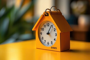 Poster - A simple yellow clock sitting on a table with a clean background