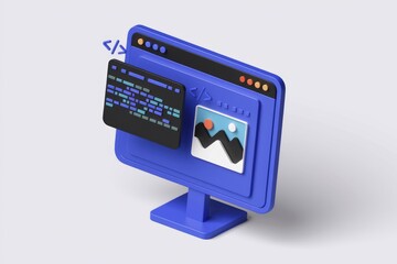 Poster - 3D render of a blue computer monitor displaying code and an image, symbolizing web development.