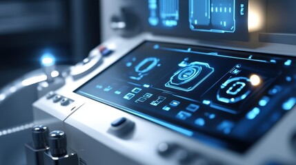 Poster - futuristic control panel with glowing blue camera icon and data analysis display presenting complex 