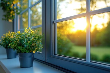 Poster - A small potted plant sits on a window sill, looking out at the view