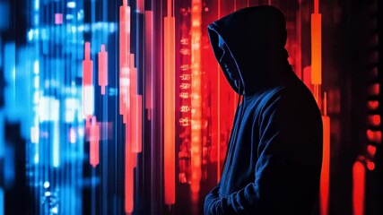 Aufkleber - Hooded figure silhouetted against fluctuating cryptocurrency market data, representing the risks and anonymity of digital finance alongside potential cyber threats