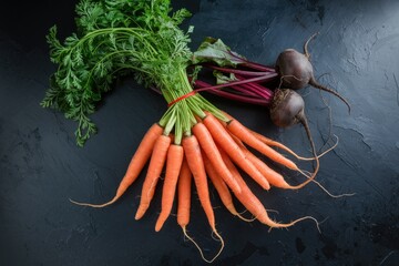 Poster - Fresh carrots and beets on a dark surface.  A healthy and vibrant harvest.