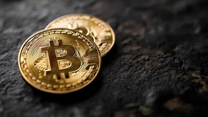 Aufkleber - Two golden bitcoins are placed on a dark, textured stone surface, creating a dramatic contrast and symbolizing the growing importance of cryptocurrency in modern finance and investment strategies