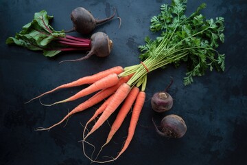 Poster - Fresh organic carrots, beets, and carrot greens arranged on a dark background.