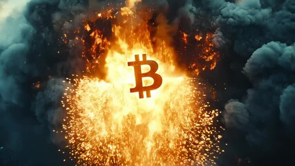 Aufkleber - Bitcoin symbol burning in flames and surrounded by smoke during an explosion, illustrating cryptocurrency market crash, investment risk, and financial crisis