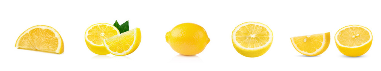 Wall Mural - Fresh ripe yellow lemon fruit, isolated White background, bulk set group row asset.