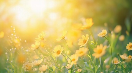 Wall Mural - Fluffy Little Yellow Wildflowers in Meadow Bathed in Golden Light