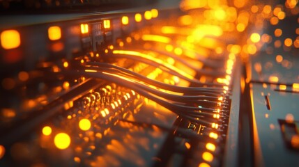 Poster - Close up of server cables connecting to network hardware, with flashing orange lights indicating data transfer and processing within a data center or server room