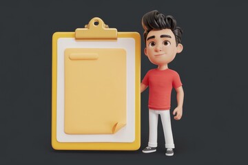 Aufkleber - A 3D cartoon boy proudly presents a blank clipboard, ready for notes or ideas.