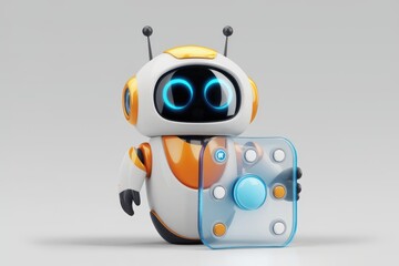 Poster - A cute, friendly robot holds a transparent control panel with buttons, showcasing futuristic technology.