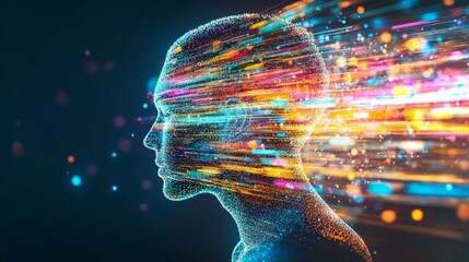 Poster - Vibrant energy flows from a digital human silhouette in a futuristic setting