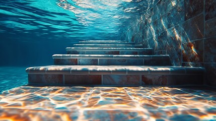 Leinwandbilder - Underwater stone staircase reflecting sunshine in a swimming pool : Generative AI