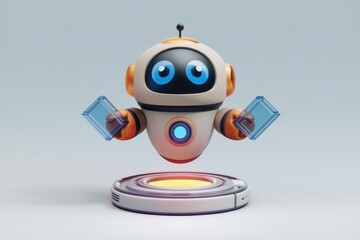 Poster - A cute robot holding two transparent panels, possibly data or interfaces, levitating on a futuristic platform.