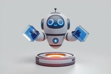 Poster - A cute robot holds two translucent blue cubes, showcasing technological advancement and innovation.