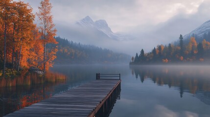 Poster - Picturesque Autumn Lake with Vibrant Foliage and Mountain Backdrop : Generative AI
