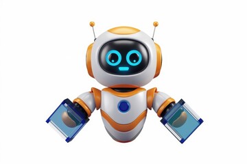 Poster - A cute, cartoon robot holds two translucent blue containers, possibly containing small objects.