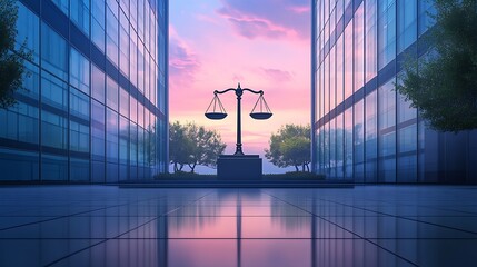 Aufkleber - Picturesque sunset reflecting in cityscape with justice scales symbolizing law and fairness : Generative AI