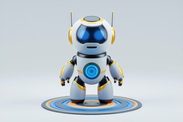 Poster - A cute, cartoonish robot with white and gold accents stands on a circular platform.