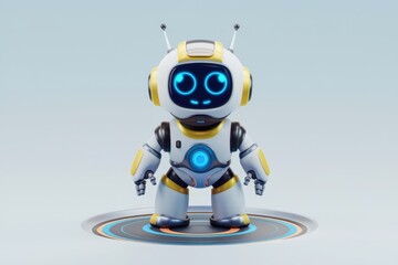 Poster - A cute, small robot with bright blue eyes stands on a circular platform.