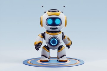 Poster - A cute, small, white and yellow robot with blue eyes stands on a circular platform.