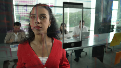 Portrait of hispanic businesswoman present start up marketing idea to investor. Female leader present brainstorming business plan written on sticky notes on glass wall at business meeting. Manipulator