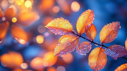 Wall Mural - dew-covered autumn leaves with bokeh background.