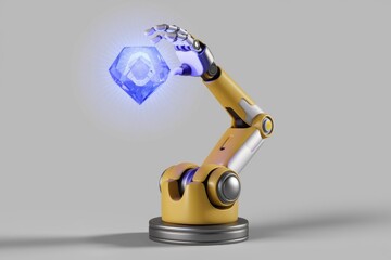 Aufkleber - A robotic arm gently holds a glowing blue crystal, showcasing advanced technology and futuristic design.
