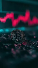 Poster - Bitcoin coin is placed on a computer circuit board with a stock market chart showing losses in the background, representing the risks and volatility of cryptocurrency investments