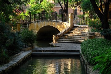 Wall Mural - A stone bridge spans a serene body of water, perfect for a peaceful atmosphere or scenic landscape