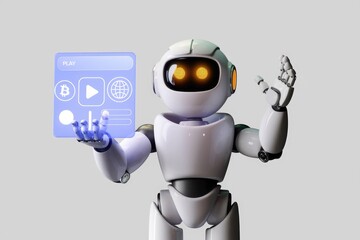 Aufkleber - A friendly robot presents a futuristic interface featuring cryptocurrency, video play, and global connectivity.