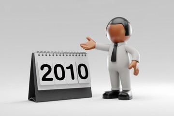 Aufkleber - A 3D cartoon man points to a 2010 desk calendar, symbolizing a past year or event.