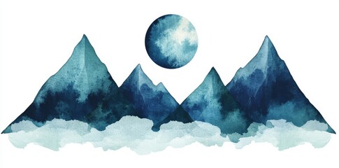 Wall Mural - A hand-drawn watercolor scene of summer mountains in blue and green, with the sun and clouds