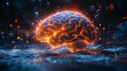 Poster - A glowing brain surrounded by floating particles in a dark, ethereal setting at twilight