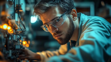 Aufkleber - Skilled Engineer with Glasses Examining Machinery in Industrial Environment : Generative AI
