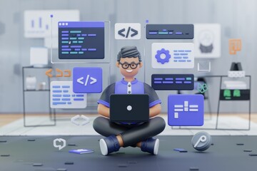 Poster - A 3D cartoon programmer sits cross-legged, working on a laptop surrounded by code snippets and programming symbols.